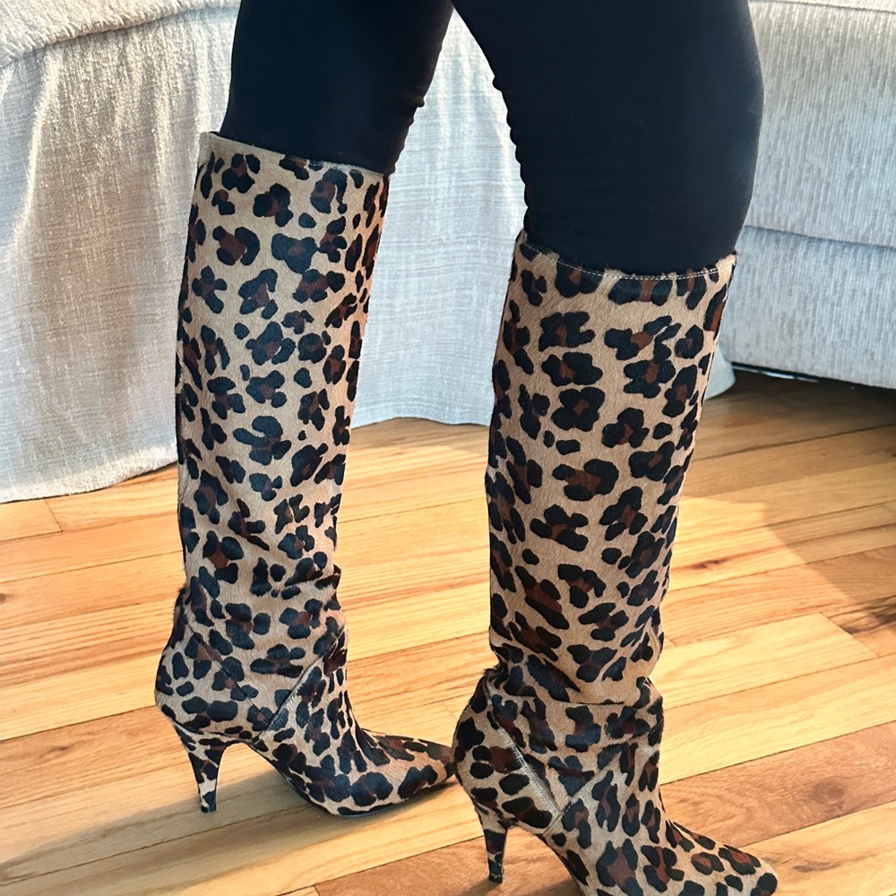 Anne Klein Leopard Print Knee-High Heeled Boots - Tan and Black